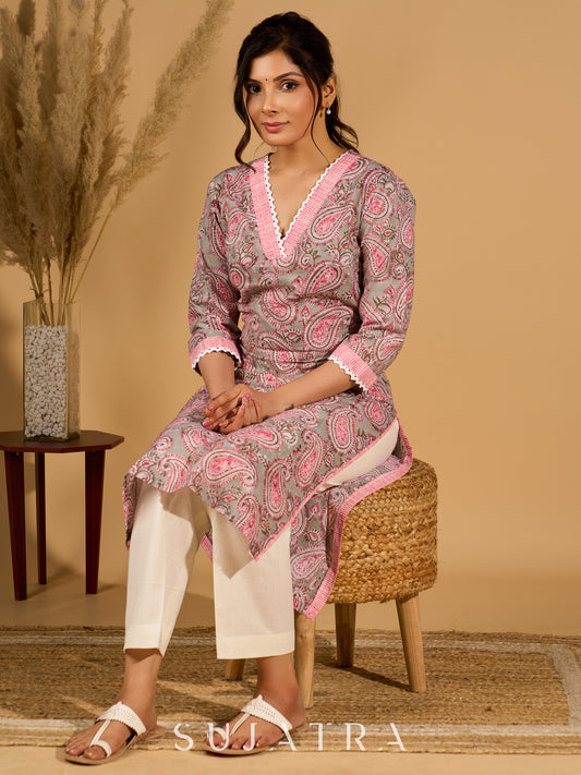 Gleam Grey Cotton Kurta with Paisley Prints and Crochet Charm
