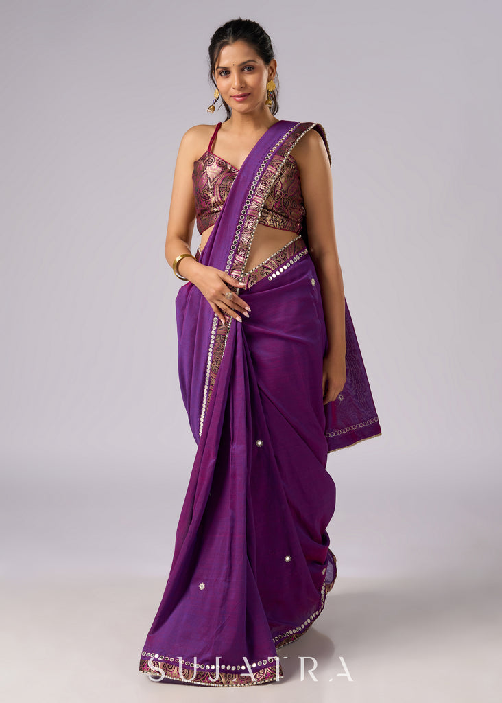 Stunning violet cotton two tone saree with hand embroidery and Banarasi border