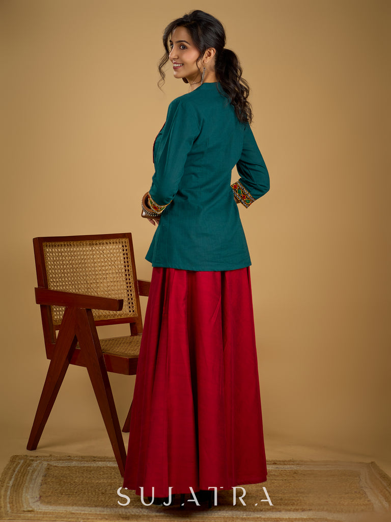 Stylish dark green cotton top with pleats,mirror,and pearl work - Skirt optional