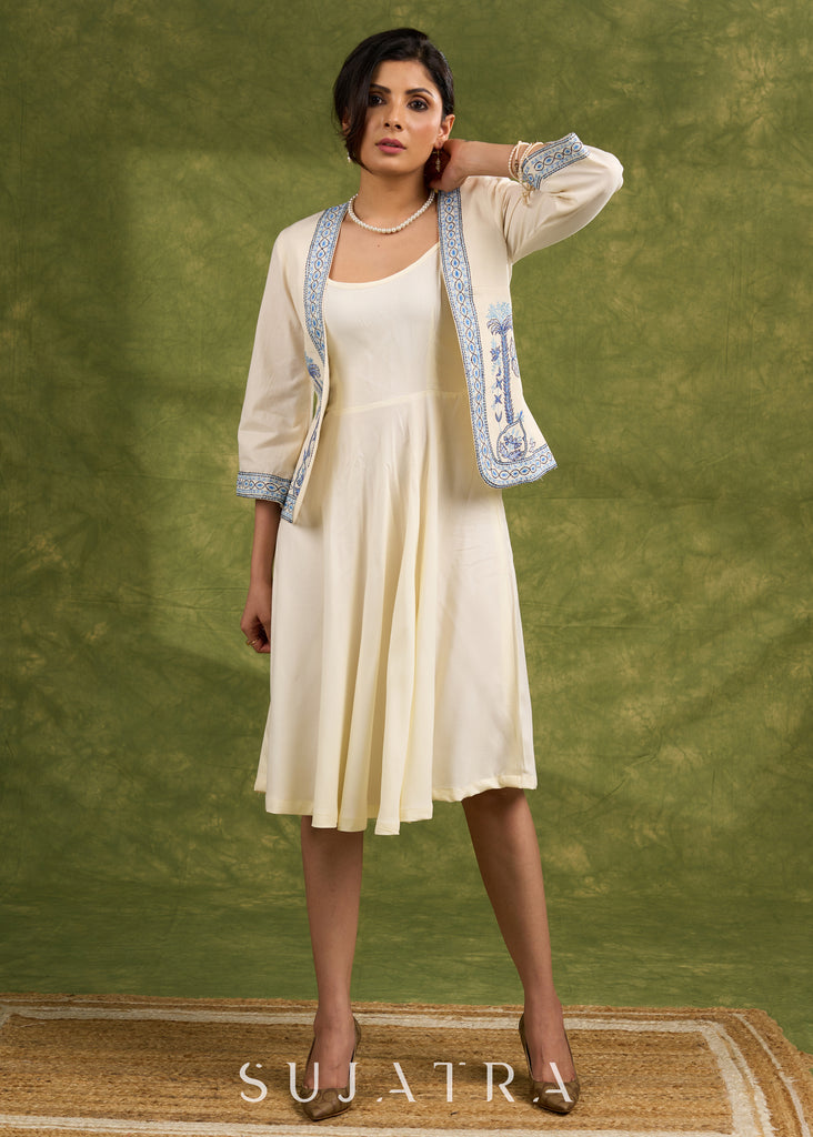 Coastal Chic Off White Cotton Shrug With Calming Blue Hues And Delicate Embroidery Dress Optional