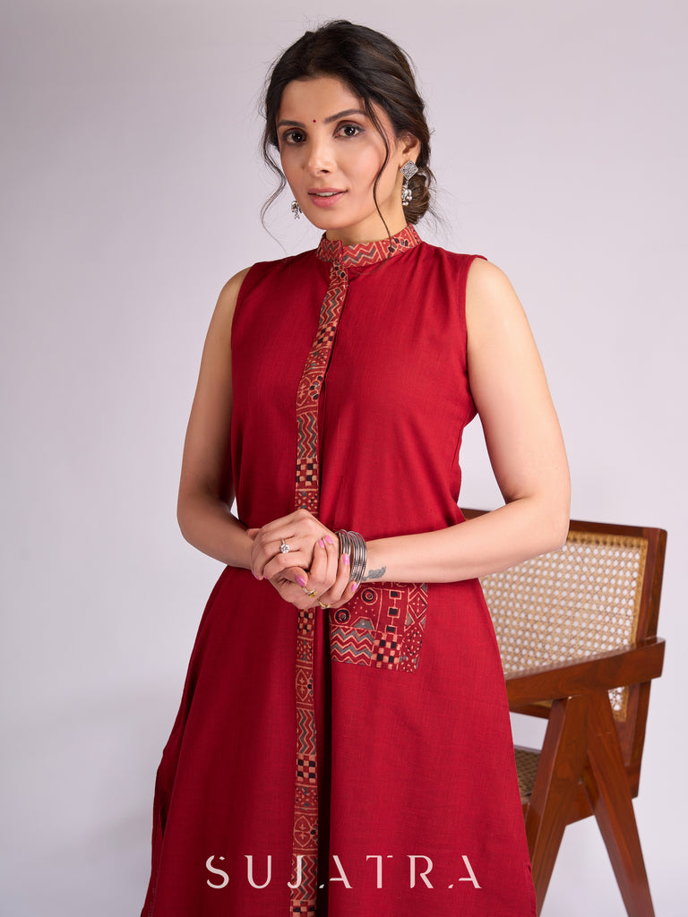 Maroon Cotton Kurta with Ajrakh Collar Placket & Pocket Detailing