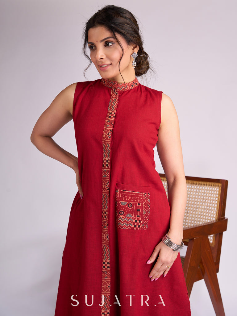 Maroon Cotton Kurta with Ajrakh Collar Placket & Pocket Detailing