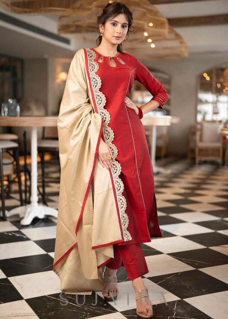 Beautiful Maroon Cotton Silk Pant & Kurta With Sequence Work On Neckline - Dupatta Optional
