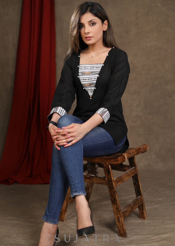 Black Cotton Top with Ikkat Detailing