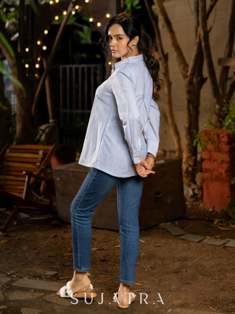 Off-White and Blue Striped Wrap Shirt in Breezy Cotton