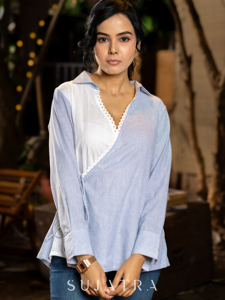 Off-White and Blue Striped Wrap Shirt in Breezy Cotton