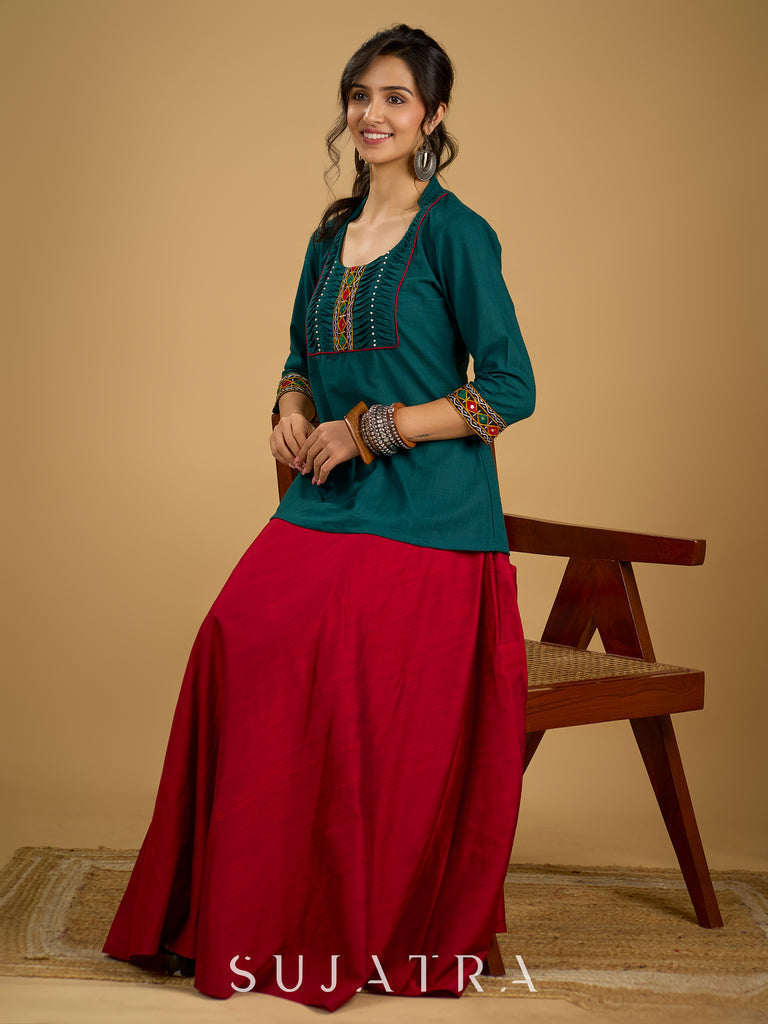 Stylish dark green cotton top with pleats,mirror,and pearl work - Skirt optional