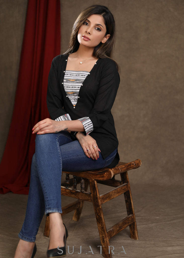Black Cotton Top with Ikkat Detailing