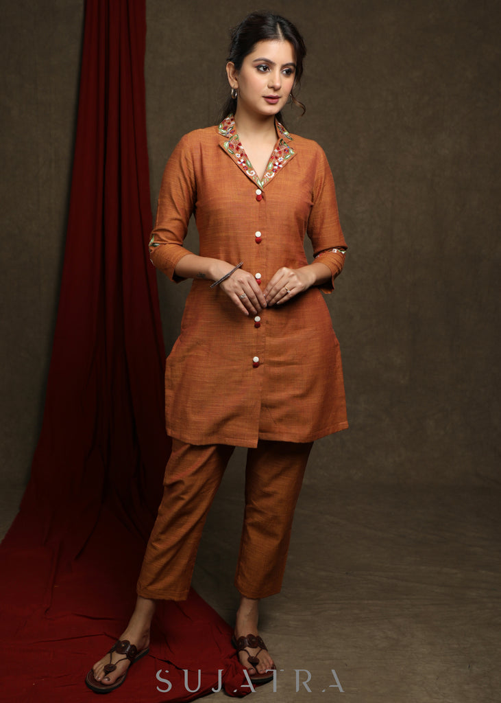 Trendy Rust cotton tunic with embroidered collar & sleeves - Co ord pant optional
