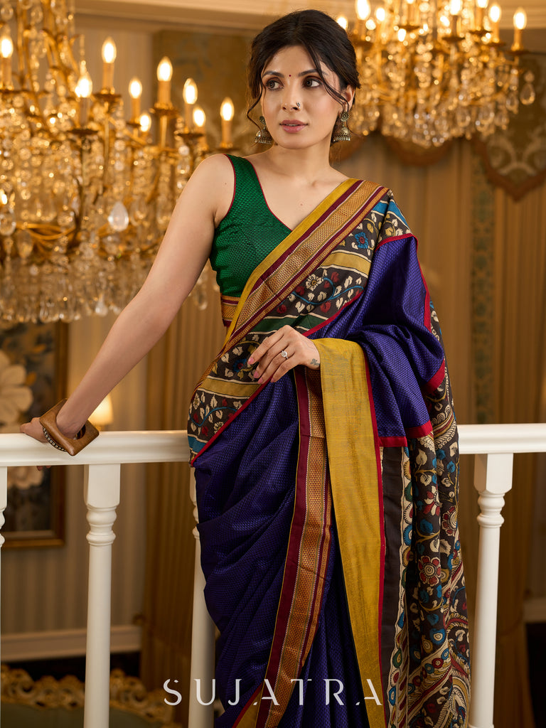 Exquisite Khun saree with hand-painted Kalamkari pallu and detailing