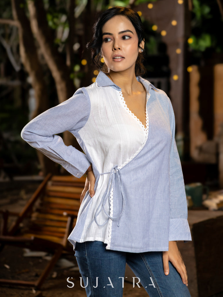 Off-White and Blue Striped Wrap Shirt in Breezy Cotton