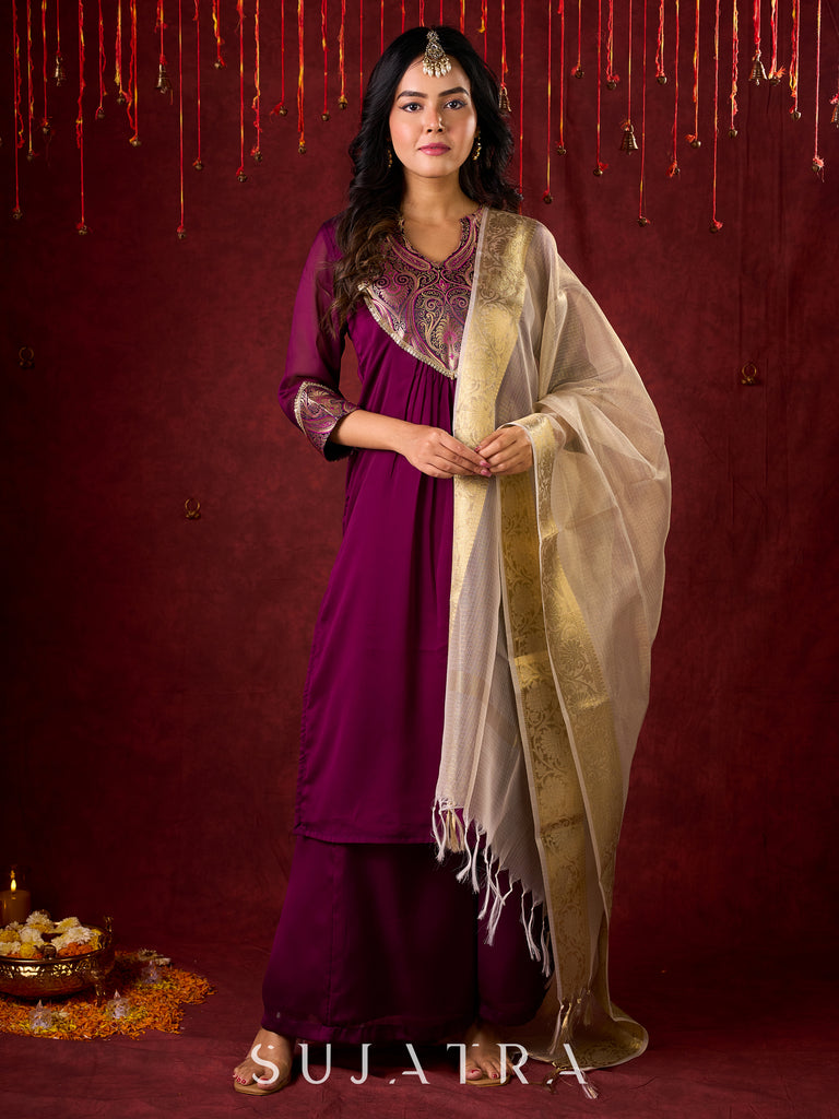 Regal Purple Silk Kurta with Gathered Silhouette & Brocade Accents