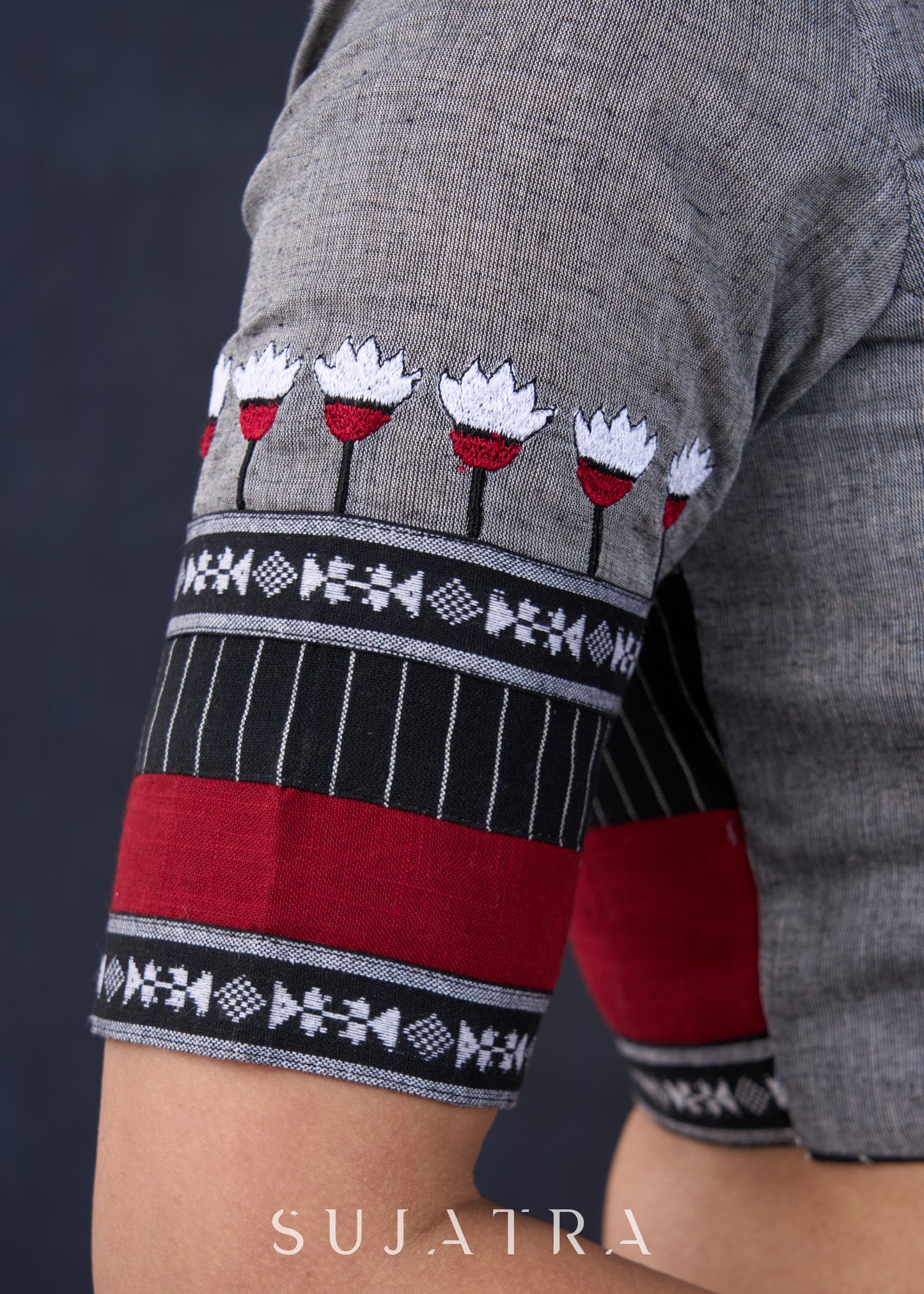 Graceful Grey Cotton Embroidered Blouse - Optional Plain Saree