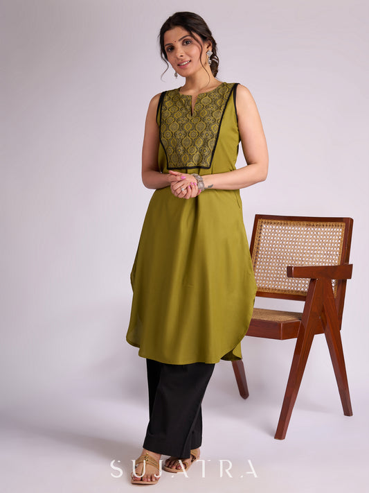Olive Green Rayon Kurta with Elegant Ajrakh Yoke & Black Piping