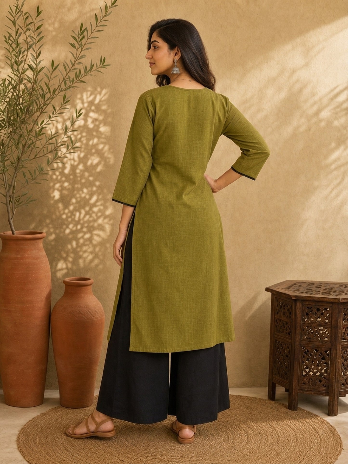 Chic Olive Green Cotton Kurta with Ajrakh Printed Asymmetric Yoke & Black Tassel Tie