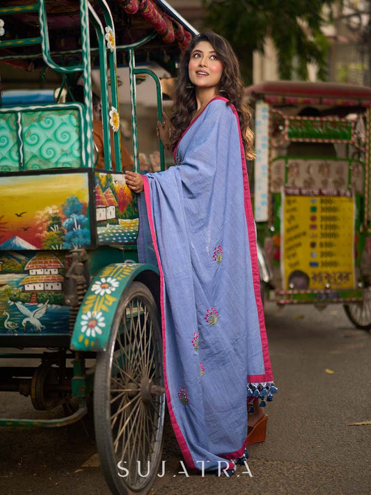 Light Grey Cotton Saree with Delicate Floral Hand Embroidery