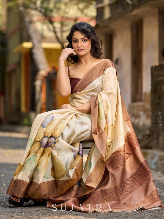 Classic Beige Tussar Silk Saree with Artistic Floral Design