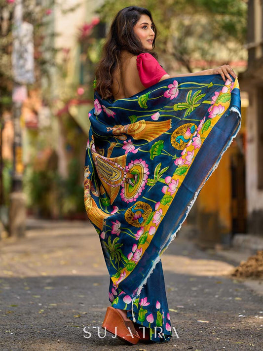 Navy Blue Tussar Silk Saree with Heritage Pichwai Print