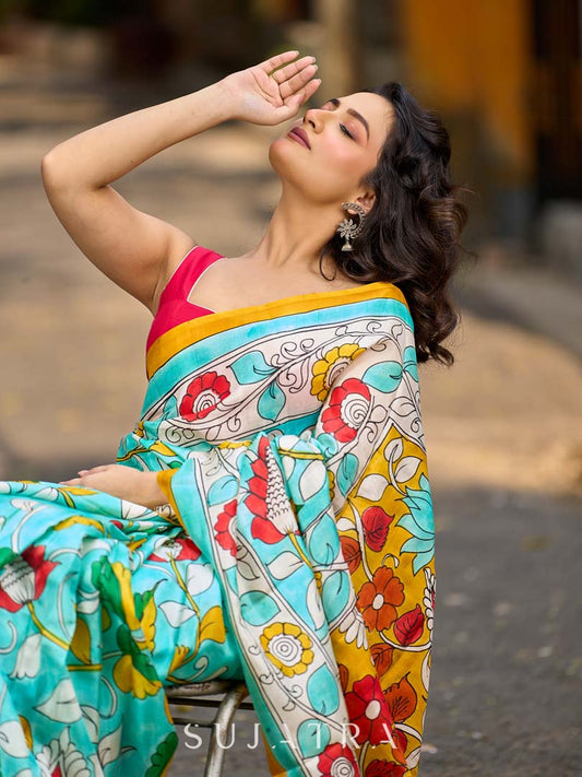 Aqua Blue Tussar Silk Saree with Statement Kalamkari Print