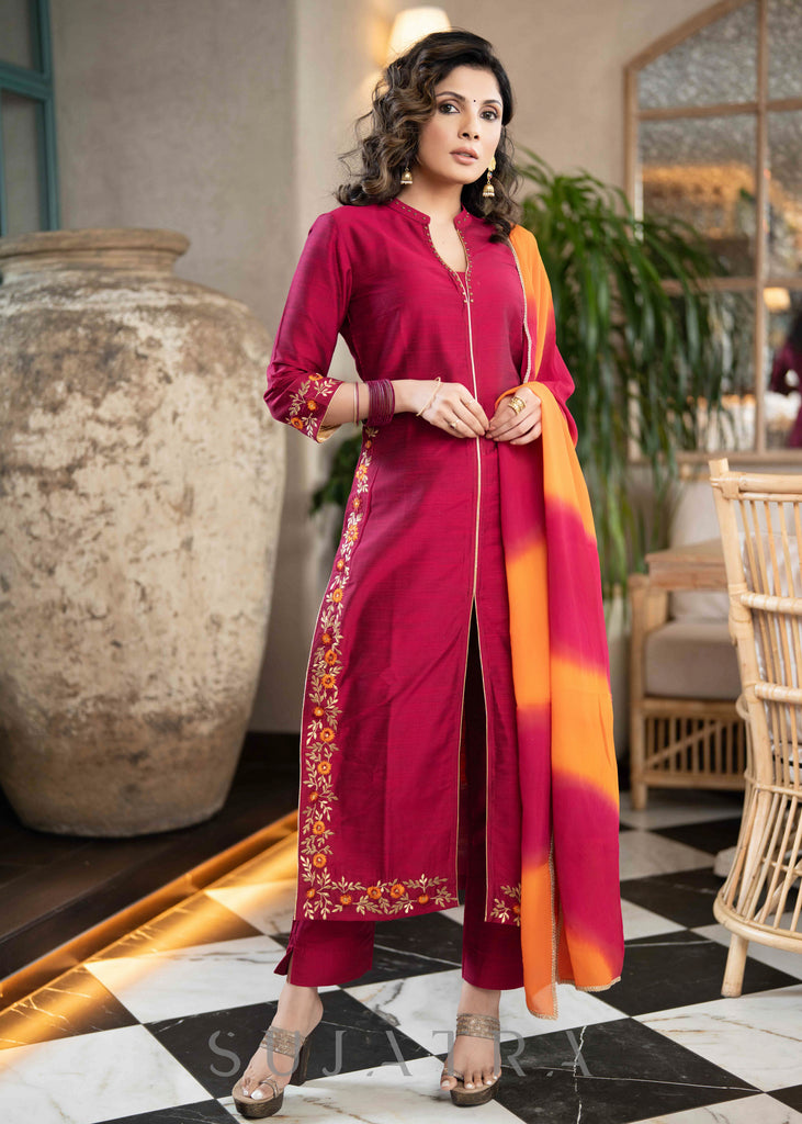 Beautiful Magenta Cotton Silk Pant &Kurta With Embroidery On Sides & Sleeves - Dupatta Optional