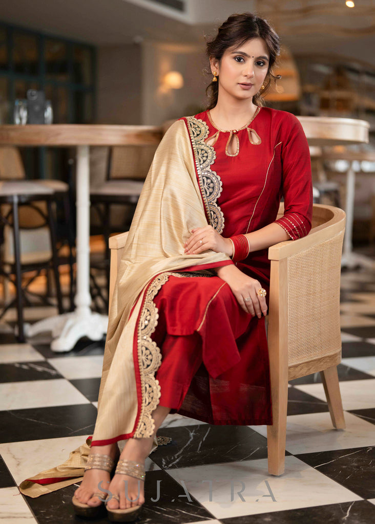 Beautiful Maroon Cotton Silk Pant & Kurta With Sequence Work On Neckline - Dupatta Optional
