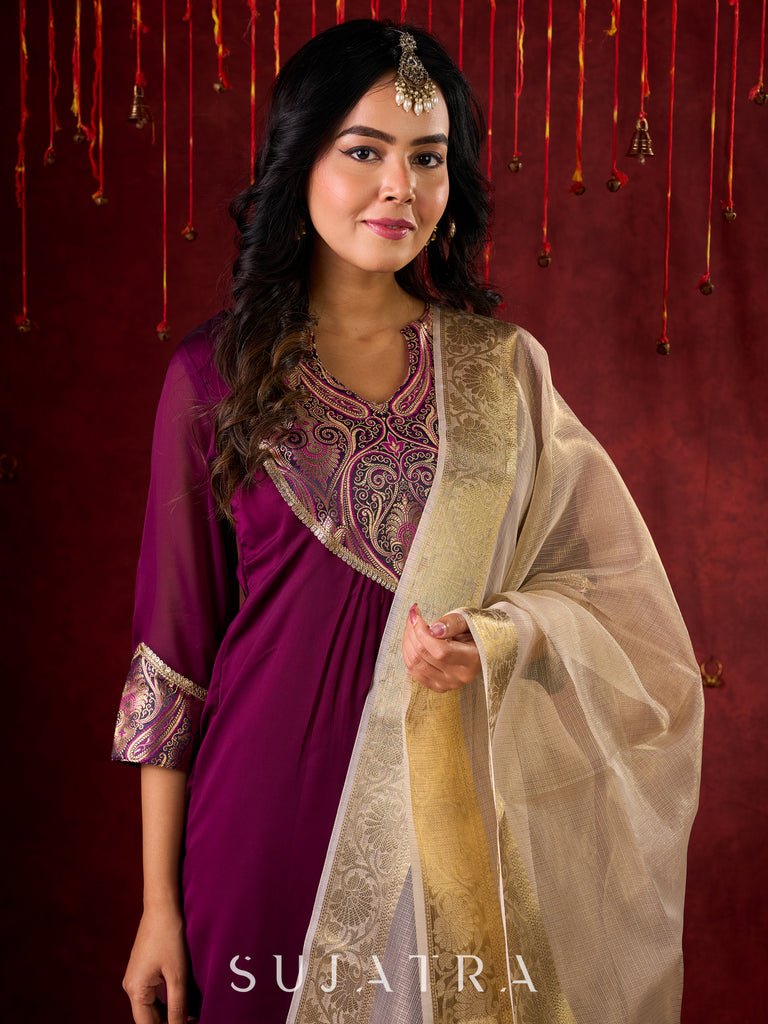Regal Purple Silk Kurta with Gathered Silhouette & Brocade Accents