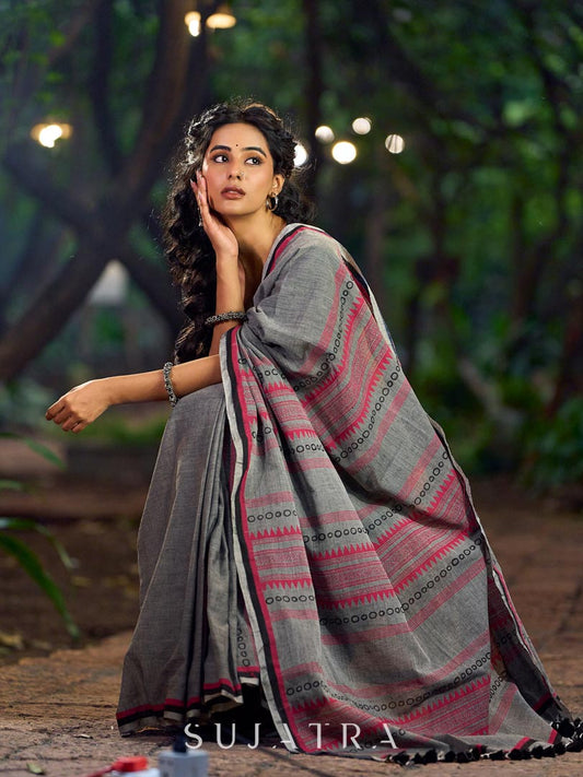 Poised Grey Cotton Saree with Classic Hand Block Printed Borders