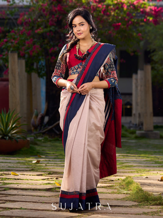 Beige Chanderi Saree With Ajrakh Accents And Vibrant Borders and Delicate Hand Painting