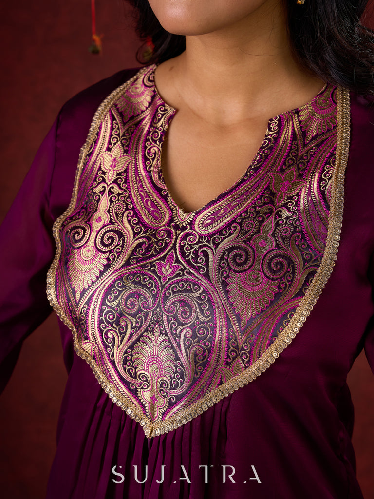 Regal Purple Silk Kurta with Gathered Silhouette & Brocade Accents