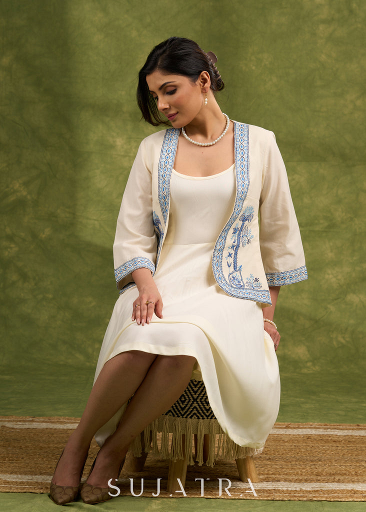 Coastal Chic Off White Cotton Shrug With Calming Blue Hues And Delicate Embroidery Dress Optional