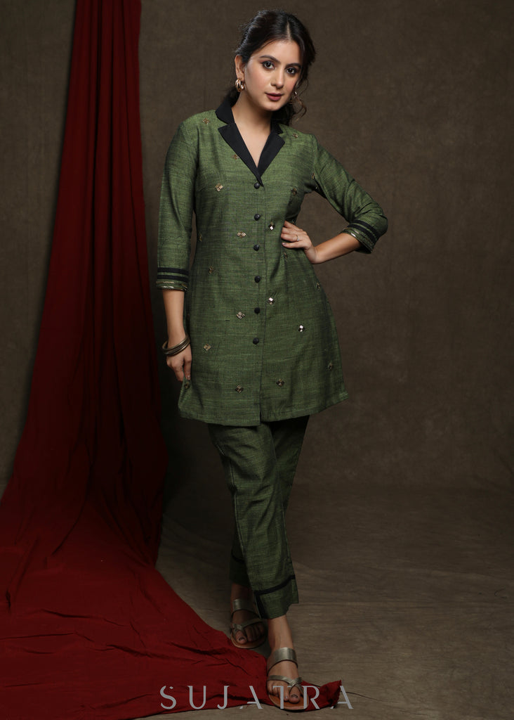 Striking Forest green pure cotton tunic with all over embellishments - Co ord Pant optional