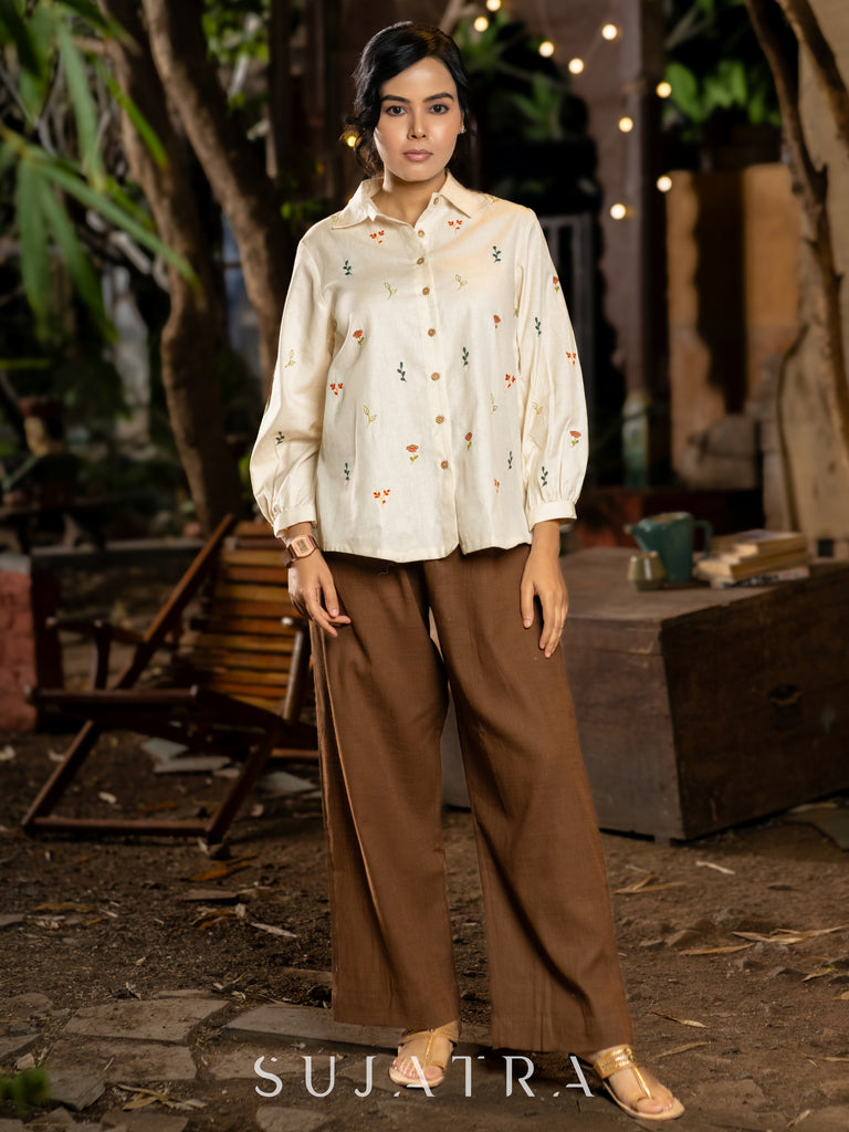 Off-White Cotton Shirt with Exquisite Handcrafted Floral Embroidery