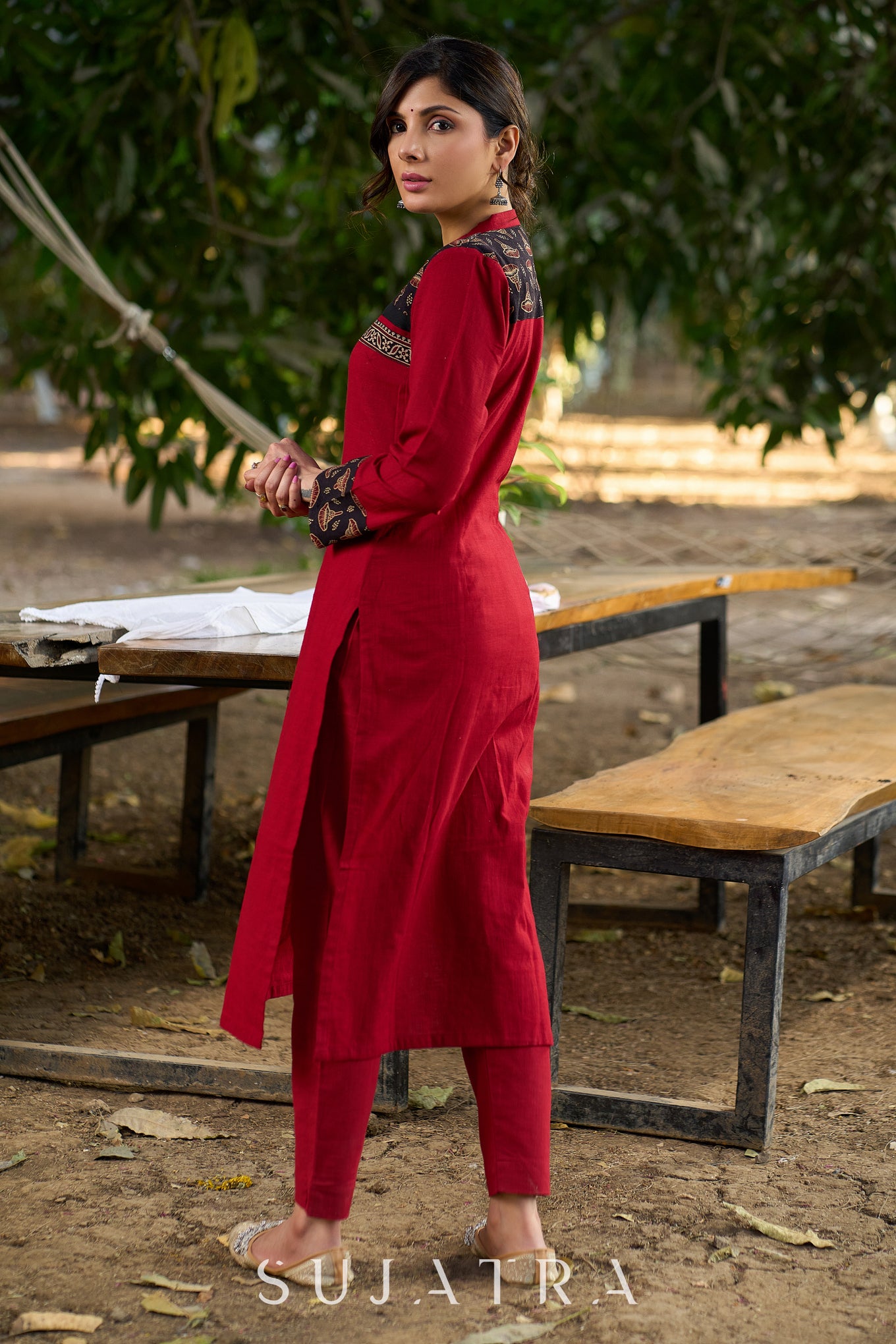 Classic Maroon Cotton Kurta Featuring Subtle Ajrakh Accents
