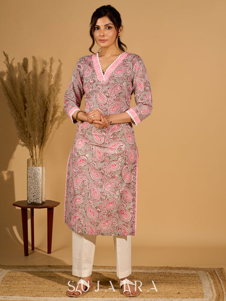Gleam Grey Cotton Kurta with Paisley Prints and Crochet Charm