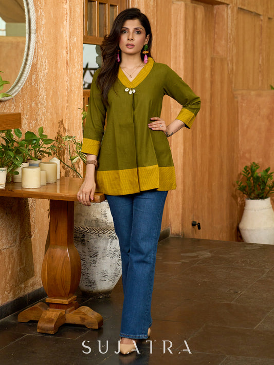 Earthcrafted Olive Mustard Top with Kantha Stitches and Cowrie Shell Highlights