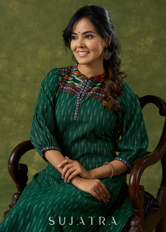 Smart Green Cotton Ikat Combination Kurta - Pant Optional