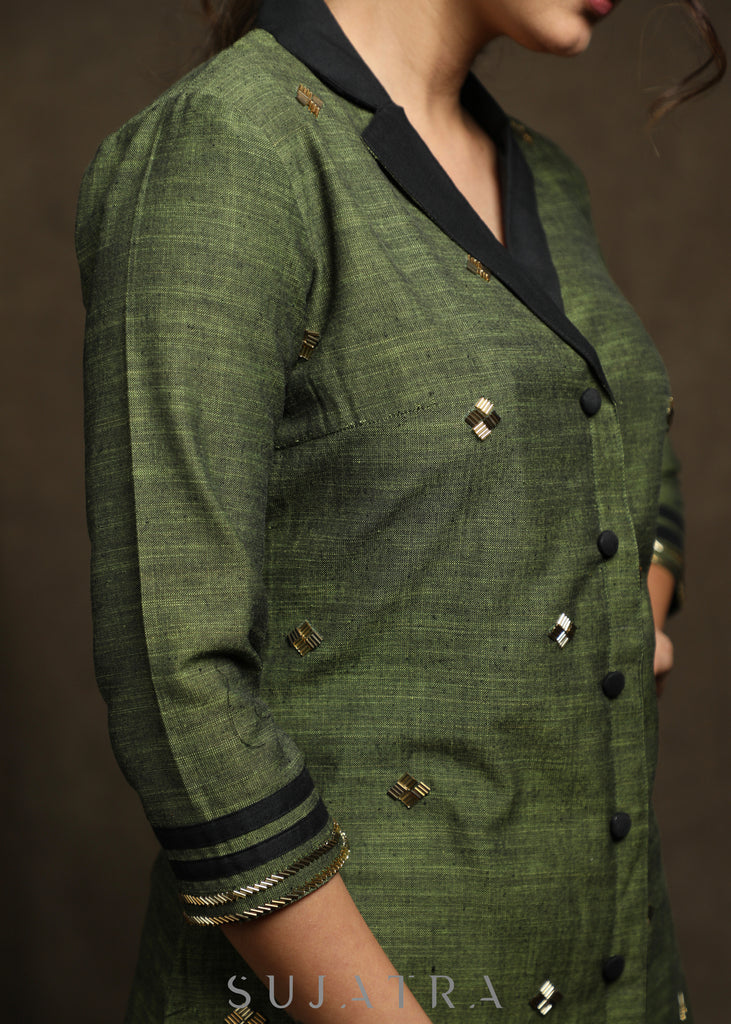 Striking Forest green pure cotton tunic with all over embellishments - Co ord Pant optional