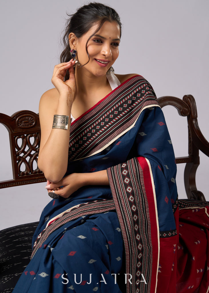 Exclusive blue & maroon combination cotton saree with Ajrakh border