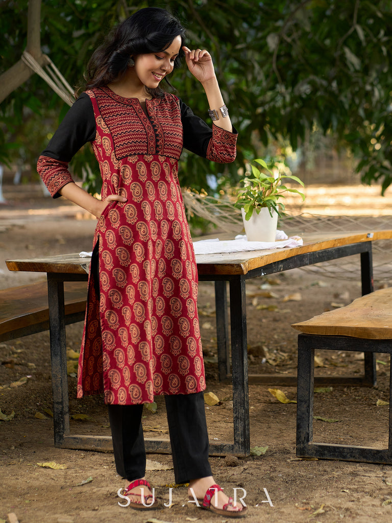 Ajrakh Printed Cotton Kurta with Contrasting Black Sleeves