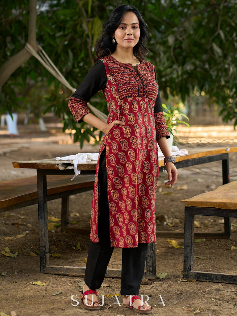Ajrakh Printed Cotton Kurta with Contrasting Black Sleeves