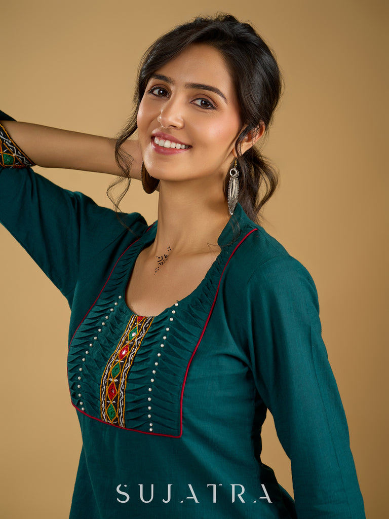 Stylish dark green cotton top with pleats,mirror,and pearl work - Skirt optional
