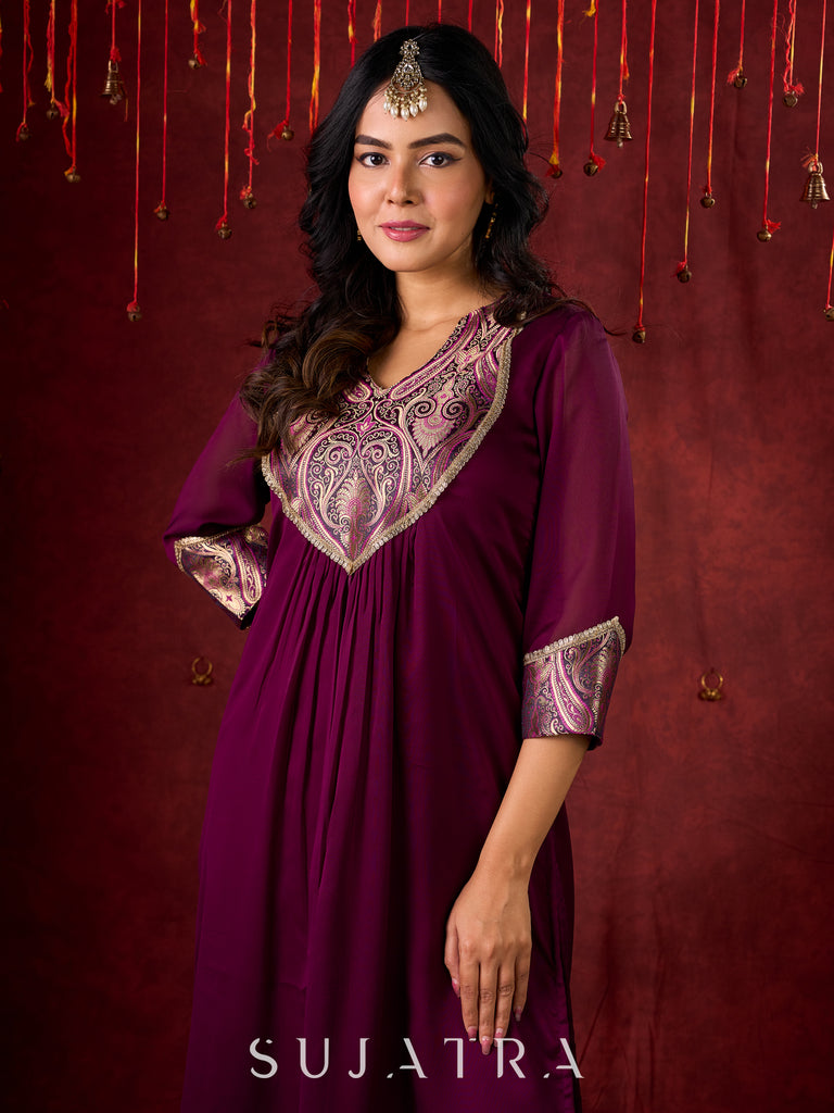 Regal Purple Silk Kurta with Gathered Silhouette & Brocade Accents