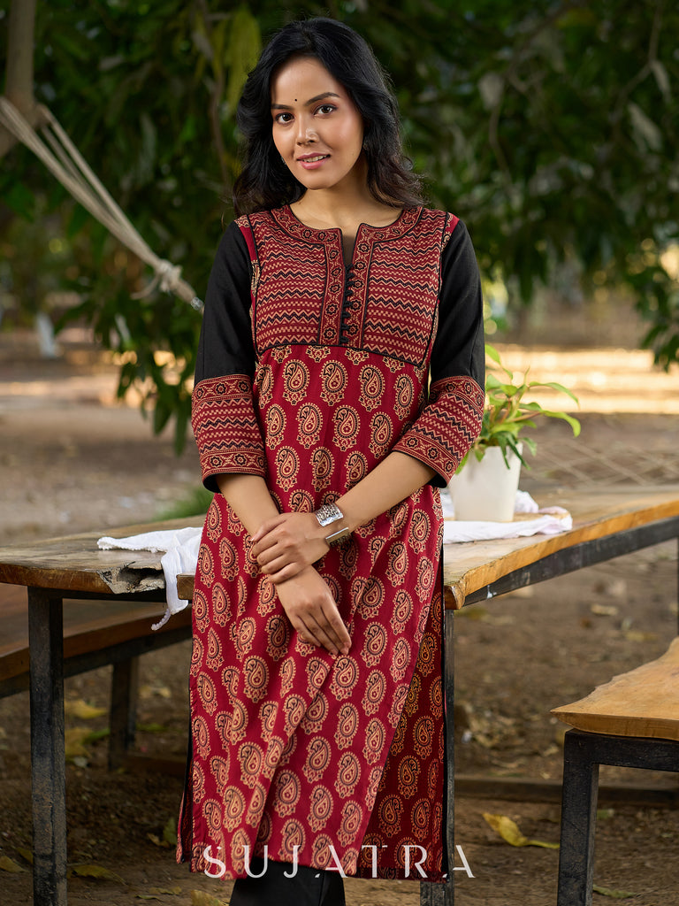 Ajrakh Printed Cotton Kurta with Contrasting Black Sleeves