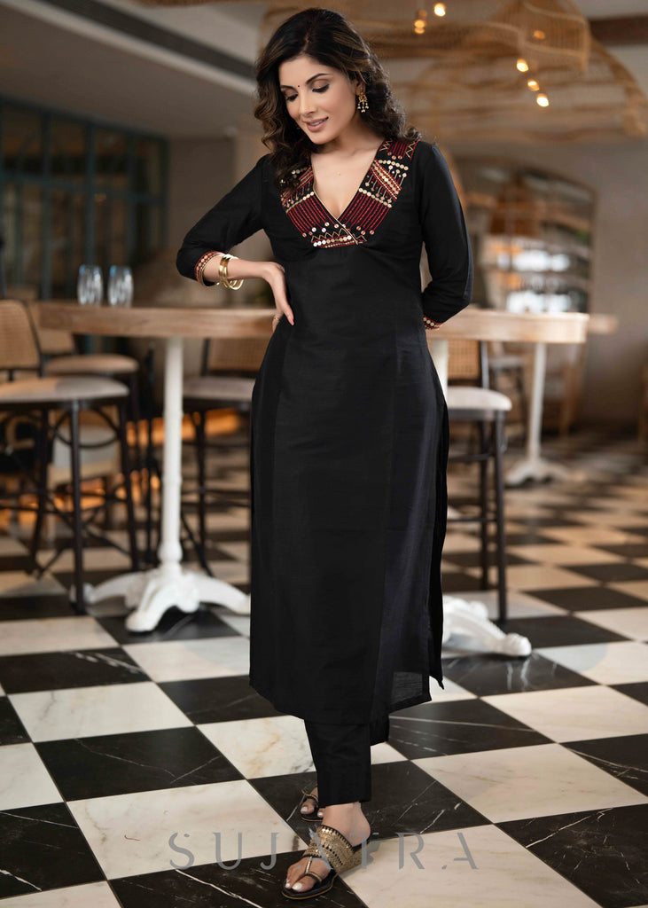 Elegant Black Cotton Silk Pant & Kurta With Red & Gold Embroidery On Neckline & Sleeves  -Dupatta Optional