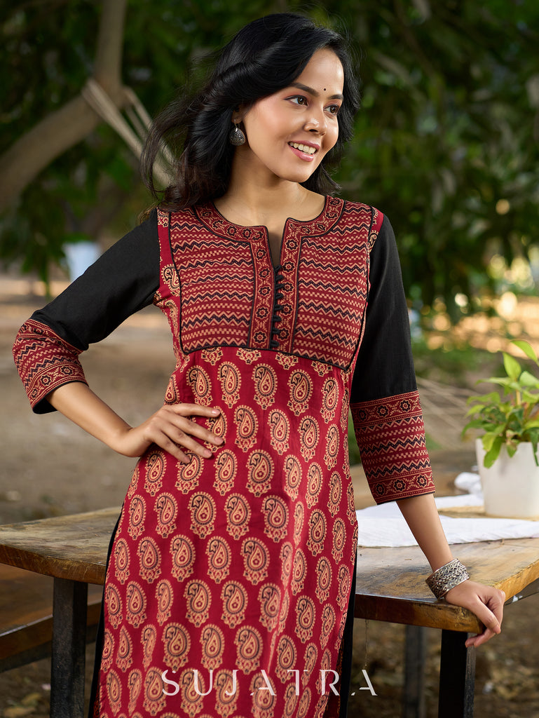 Ajrakh Printed Cotton Kurta with Contrasting Black Sleeves