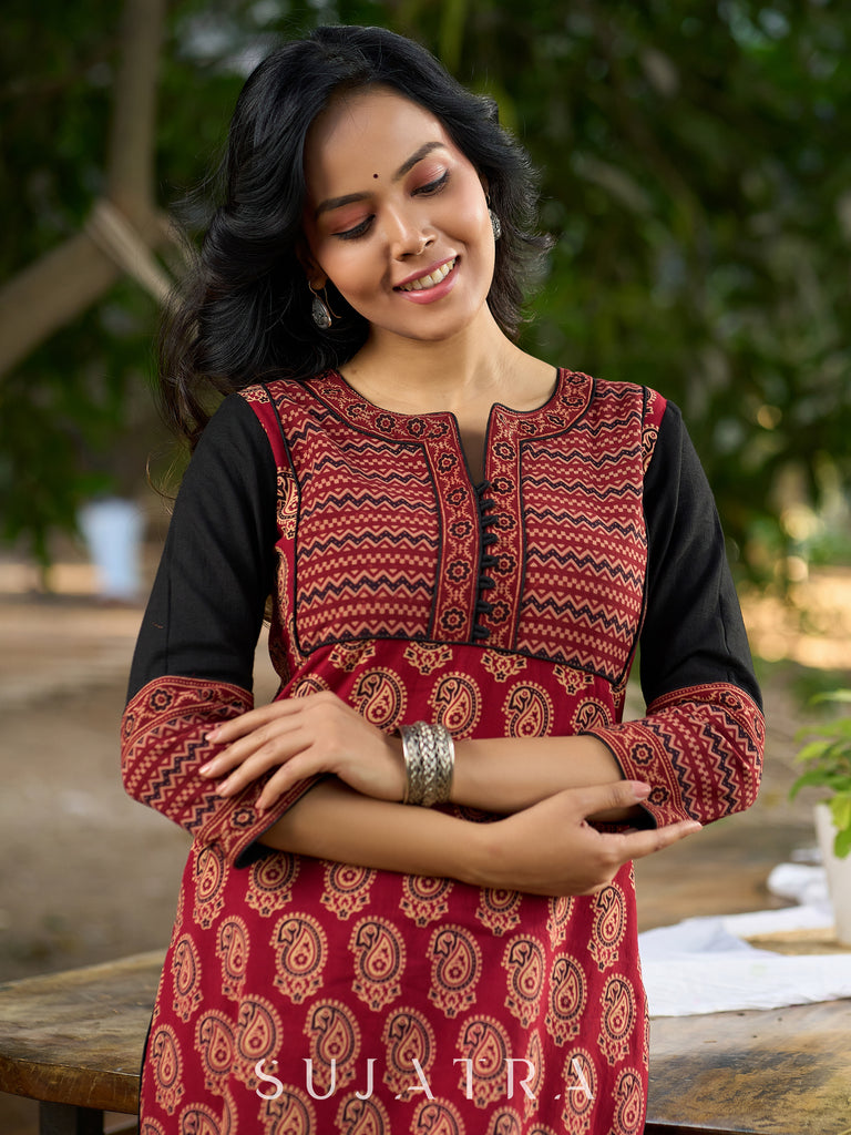 Ajrakh Printed Cotton Kurta with Contrasting Black Sleeves
