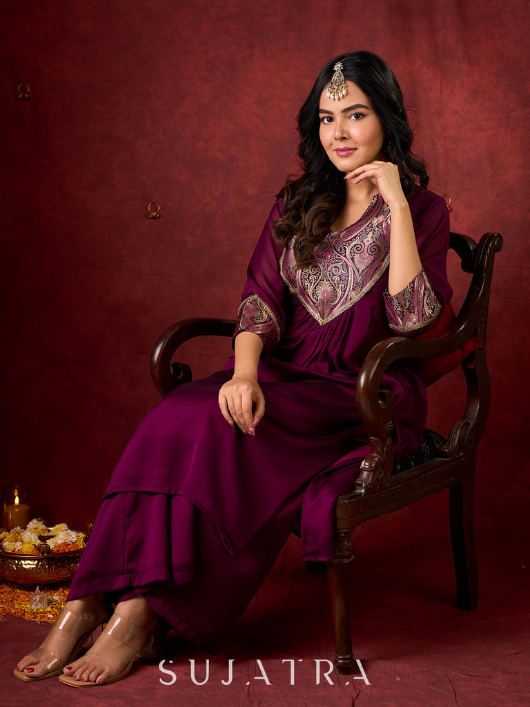 Regal Purple Silk Kurta with Gathered Silhouette & Brocade Accents