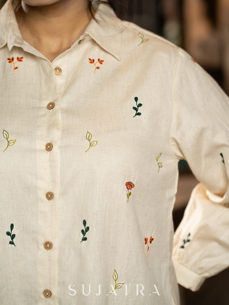 Off-White Cotton Shirt with Exquisite Handcrafted Floral Embroidery