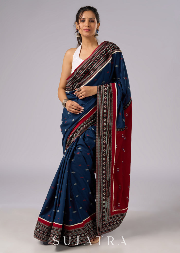 Exclusive blue & maroon combination cotton saree with Ajrakh border