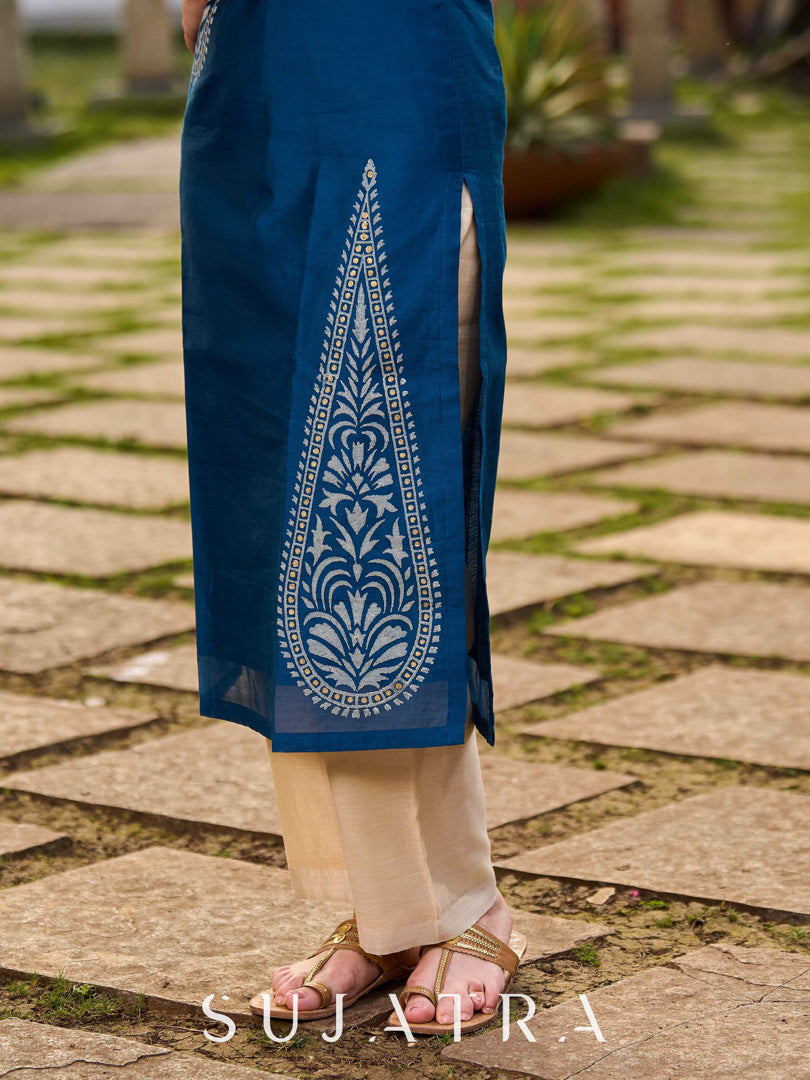 Elegant Navy Blue Chanderi Hand Block Printed Kurta with Intricate Motifs